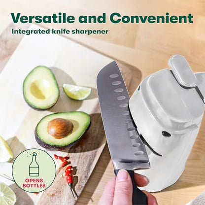 bella Electric Can Opener and Knife Sharpener, Removable Cutting Lever, Cord Storage, Stainless Steel Blade, White