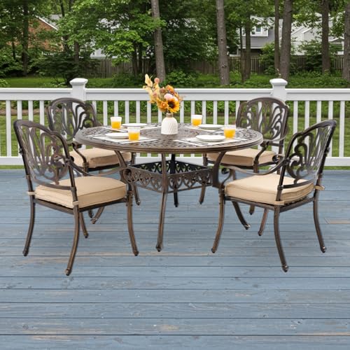 AIWOEN 5-Piece Cast Aluminum Patio Furniture, Outdoor Dining Sets for 4 Include 54" Round Patio Dining Table and 4 Stackable Chairs with Cushions & Umbrella Hole (Bronze)