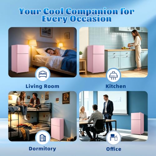 DEMULLER 45L Personal Double‑Door Mini Fridge With Freezer, Pink