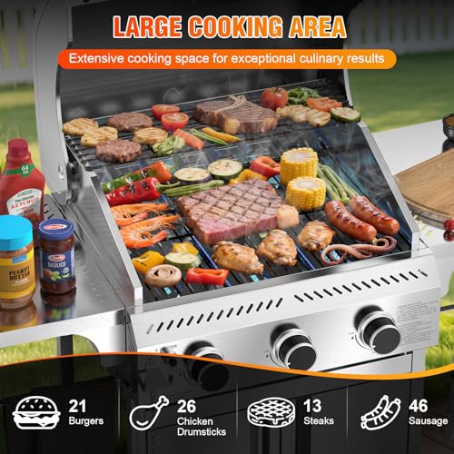 Electactic G31 Gas Grill, 3-Burner Gas Grill with Folding Side Tables,Stainless Steel 24,000 BTU BBQ Grill,Outdoor Propane Grill for Barbecue,Patio,Camping