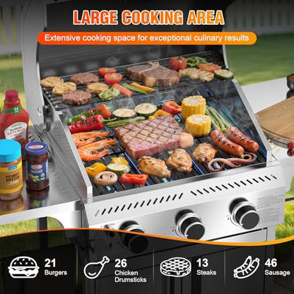 Electactic G31 Gas Grill, 3-Burner Gas Grill with Folding Side Tables,Stainless Steel 24,000 BTU BBQ Grill,Outdoor Propane Grill for Barbecue,Patio,Camping