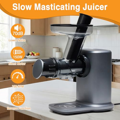 NEWBULIG Cold Press Juicer, Slow Masticating Juicer with 5.9" Large Feed Chute for Whole Vegetables & Fruits, Reverse Function & Dishwasher Safe Parts, High Juice Yield, Silver