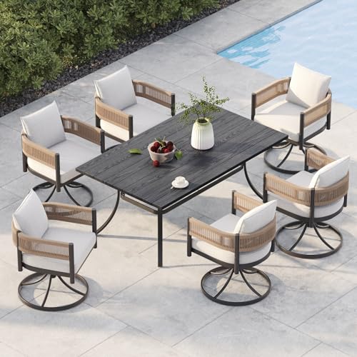 Grand patio Outdoor Dining Set, 7-Piece Patio Table and Chairs Set, Metal Woven Wicker Swivel Patio Chairs with Thickened Cushions & 1 Rectangular Woodgrain Dining Table with Umbrella Hole (Natural)