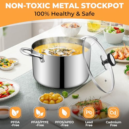 Tri-Ply Stainless Steel Stock Pot, 8 Quart Heavy Duty Induction Cooking Pot with Visible Lid for Pasta, Soup, Spaghetti, Sturdy & Double Handle, Dishwasher Safe