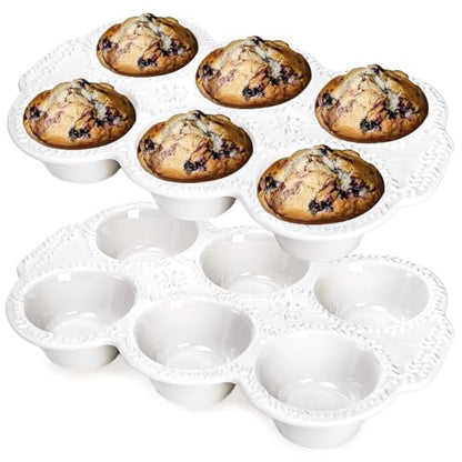 Hiceeden 2 Pack 6-Cup Ceramic Muffin Pan, Nonstick Cupcake Baking Pans with Handle, Ceramic Muffin Tin with Embossed Pattern for Muffin, Cupcake, White