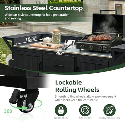 Merax 60.2''W Outdoor Kitchen Island on Wheels with Stainless Steel Top, Wood Rolling Patio Grill Cart with Storage Cabinets, Drawers, Spice Rack & Wine Rack, Outdoor Grill BBQ Prep Table, Black