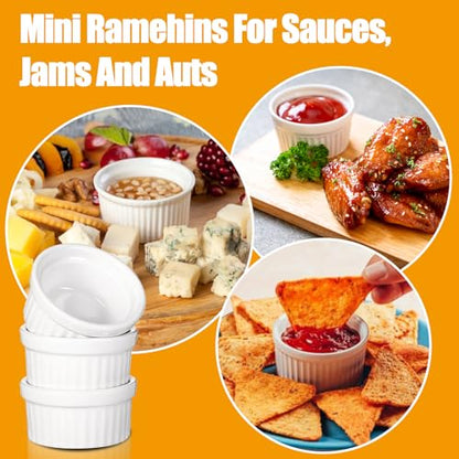 24 Pcs 1 oz Mini Ramekins Small White Ceramic Porcelain Souffle Dish Custard Sauce Dipping Dessert Cups Oven Safe Bowls for Charcuterie Pudding Creme Brulee Condiment Baking Bakeware