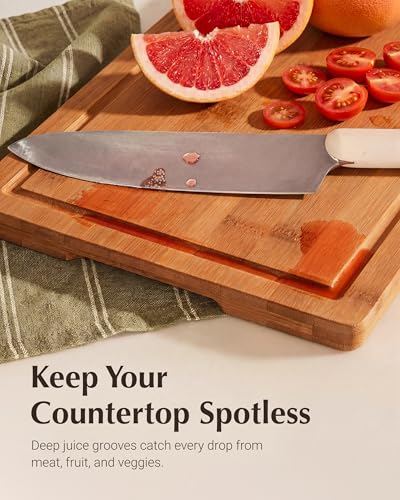JINGNING Deep-Carbonized Bamboo Cutting Board Set for Kitchen with Wood Storage Stand, Deep Juice Grooves, Easy-Grip Handles & Non-Slip Pads, Premium Kitchen Gift