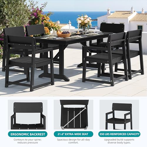Shintenchi 7 Pieces Outdoor Dining Set,HDPE Outdoor Table and Chairs Set for 6,All Weather Patio Furniture Sets with Umbrella Hole,Modern Wooden Textured Dining Sets for Backyard,Garden,Black