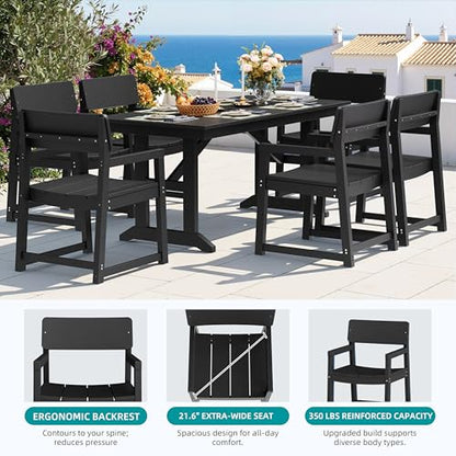 Shintenchi 7 Pieces Outdoor Dining Set,HDPE Outdoor Table and Chairs Set for 6,All Weather Patio Furniture Sets with Umbrella Hole,Modern Wooden Textured Dining Sets for Backyard,Garden,Black