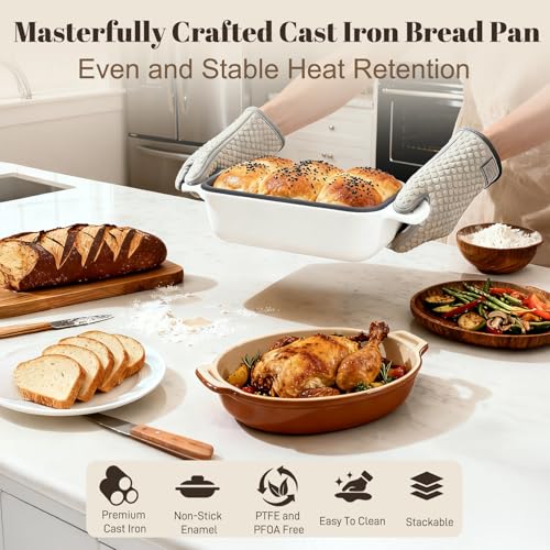 DYCYRQ Enameled Cast Iron Sourdough Bread Dutch Oven, Cast Iron Loaf Bread Pan for Homemade Bread Baking, 2PCS 8.5 x 4.5 Inch Meatloaf Pan with Lid, Oven Safe, Cream