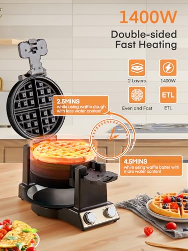 FOHERE 2-in-1 Omelette Maker&Waffle Maker, 1400W Omelet Maker 180° Flip, Adjustable Browning Control, Non-Removable & Nonstick Pans, Make Two Omelet and One Waffle at Once for Home (Dark Black)