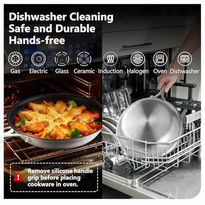 Agerma 8-Inch Nonstick Frying Pan, Tri-Ply Stainless Steel Skillet with Reinforced Coating, Detachable Handle with Silicone Sleeve, Dishwasher and Oven Safe, Induction Compatible,Woks & Stir-Fry Pans