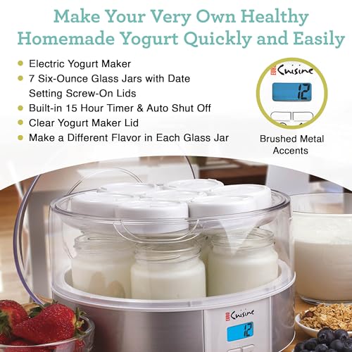 Euro Cuisine Yogurt Maker - YMX650 Automatic Digital Yogurt Maker Machine with Set Temperature - Includes 7-6 oz. Reusable Glass Jars and 7 Rotary Date Setting Lids for Instant Storage
