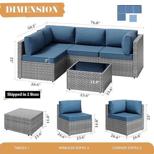 Vongrasig 5 Pieces Patio Furniture Set with Cushion, Glass Table, Navy Blue