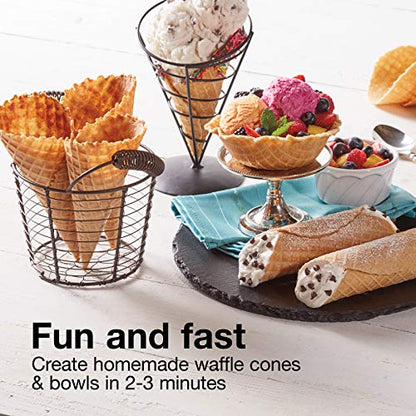 Proctor Silex Waffle Cone and Ice Cream Bowl Maker with Browning Control, Shaper Roller and Cup Press, 7.5” PFAS-Free Nonstick Plates, White (26410MN)