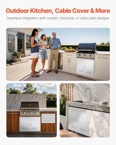 VEVOR Outdoor Kitchen Doors, 30W x 21H Inch, 304 Stainless Steel Double Doors with Vents, BBQ Access Door with 2 Detachable Handles and 6 Hooks, for BBQ Island