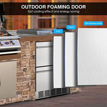 Mojgar 24" Under Counter Beverage Refrigerator, Indoor/Outdoor Fridge with Double Drawer Storage, Quiet 38dB Compressor & Weather-Proof Stainless Steel – Beverage Fridge for Home, Patios, Restaurants