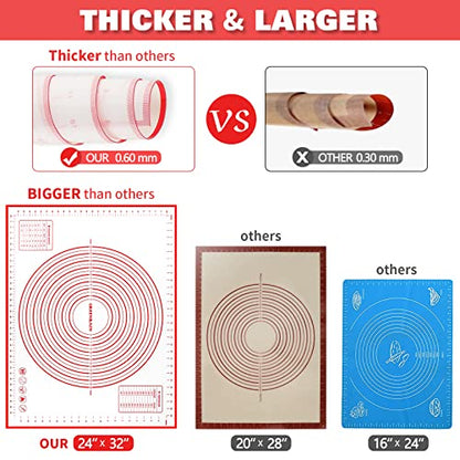 Silicone Pastry Mat Extra Thick Large Non Stick Baking Supplies Kitchen Counter Cooking Rolling Dough Sheet Pie Crust Sourdough Bread Oven Liner with Measurement (XXL-24''(W)*32''(L), 1#Red)