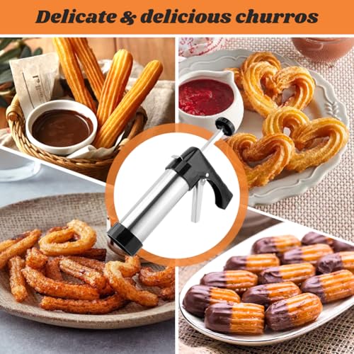 Stainless Steel Churro Maker Machine with 8 Discs Nozzles and 8 Piping Tips Cleaning Brush & Filling Piping Bag,maquina Para Hacer Churro cookie press