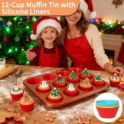 Barlket Baking Pans Set 6-Pieces, Non Stick Bakeware Set Stackable, with Cookie Sheet, Muffin, Round/Square Cake Pan, Loaf Pan, Rack, Oven Mitt for Home Baker, Gold
