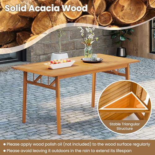 Tangkula 7 Pieces Patio Acacia Wood Dining Set, Outdoor Heavy Duty Rectangular Table with 1.97” Umbrella Hole and 6 Cushioned Chairs, for Deck, Garden and Backyard