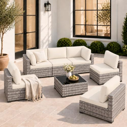 LOUVIXA 7 Piece Outdoor Patio Furniture Set, Outdoor Sectional Sofa, Wicker Rattan Patio Furniture, Patio Conversation Set with Coffee Table & Cushions