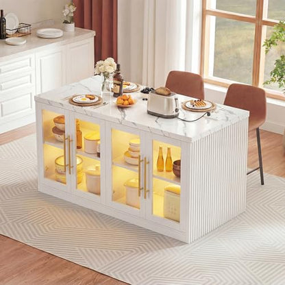 Homiflex Kitchen Island with Storage, Imitation Marble Island Table with LED Lights & Cabinet for Kitchen, Modern Kitchen Carts on Wheels for Dining Room, Home Bar, White