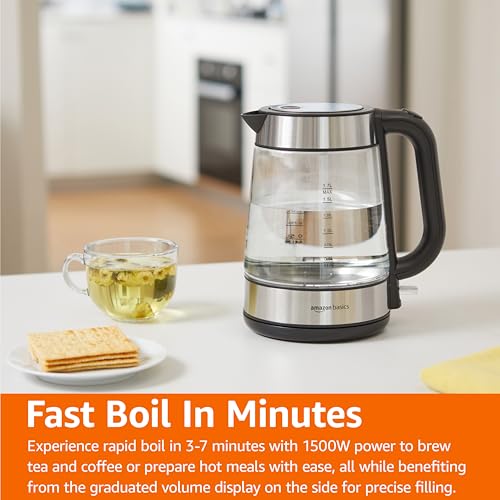 Amazon Basics Electric Kettle with Glass Carafe for Tea and Coffee, BPA-Free, Fast Boiling, Auto Shut-Off, Boil-Dry Protection, Water Level Indicator, 1.7 Liter, 1500W, Black and Silver