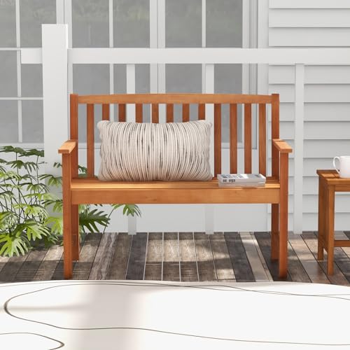 Tangkula Outdoor Garden Bench, 2-Person Eucalyptus Wood Bench with Backrest, Armrests and Slatted Seat, Patio Garden Bench for Yard, Porch, 800 lbs Capacity, Natural