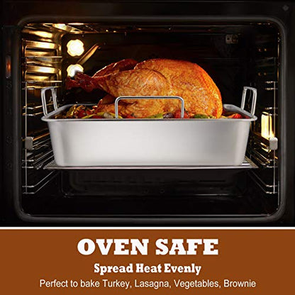 P&P CHEF 14" Roaster Roasting Pan with Baking Rack and V-shaped Rack, Stainless Steel Rectangular Lasagna Pan with Handles for Turkey Chicken, Healthy & Dishwasher Safe, 3 Pieces, Silver