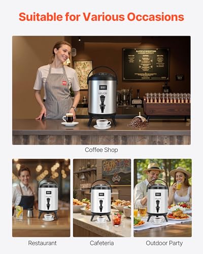 VEVOR Insulated Beverage Dispenser, 1.5 Gal/6L Stainless Steel Thermal Drink Server with Spigot & Temp Display, Suitable for Hot and Cold Drinks, for Tea Coffee Water in Cafes & Restaurants, Silver