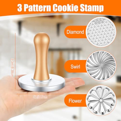 Afcabakila Cookie Stamps Biscuit Cutter Set, 3 Molds Metal Cookie Press And 5 Size Cookies Cutter Set, Zinc Alloy Embossing Stamper With Wooden Handle, Food Grade Stainless Steel Cutters For DIY Baki