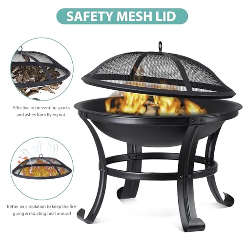 22 Inches Portable Fire Pit Outdoor Wood Burning Steel Lightweight BBQ Grill Firepit Bowl with Log Grate&Poker for Outside Patio Campfire Bonfire Backyard