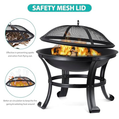 22 Inches Portable Fire Pit Outdoor Wood Burning Steel Lightweight BBQ Grill Firepit Bowl with Log Grate&Poker for Outside Patio Campfire Bonfire Backyard