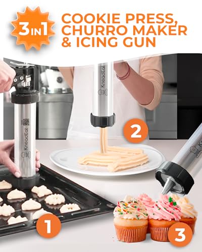 KneadEat Premium 68pc Churro Maker - Spritz Cookie Press Gun Kit - Icing Gun. 12 Cookie and Churro Discs. 48 Icing Tips. XL Filler. Piping Bag. Brushes. For Churros, Cookies and Cake Decorating.