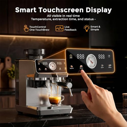 MOEFO Espresso Machine with Grinder, 20-Bar Programmable Semi-Automatic Coffee Maker, Visual Pressure Gauge & Touchscreen, Compact Design with Tamper, Make Americano, Latte, Silver