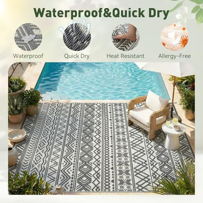 MontVoo Outdoor Rug Carpet Waterproof 5x8 Outdoor Patio Rug Mat Reverisble Plastic Straw Outdoor Rug for RV Camping Picnic Beach Balcony Boho Grey