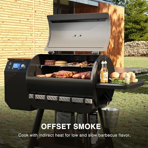 Blatomic LCD Control Wood Pellet Smoker Grill, 456 SQ. IN Cook Area, Pellet Grill with Auto Feed & Leaking Waste, 500°F Max Temperature, 8 in 1 BBQ Grill with Meat Probe, Side Table with Hooks(Black)