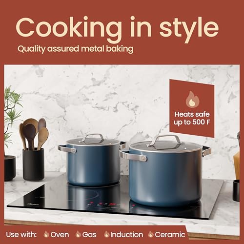Bakken 5 Quart Ceramic Coated Stock Pot with Lid, Easy to Clean Nonstick Pot, Tempered Glass Lid, Riveted Stainless Steel Handles, Oven Safe Up To 500°F, PTFE & PFAS Free, All Stove Compatible, Blue
