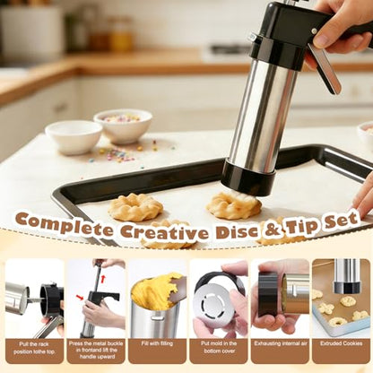 Cookie Press Gun Kit, Stainless Steel Spritz Cookie Press with 13 Discs & 8 Icing Piping Tips, Baking Cookie Maker, Icing Decorating Gun for Cookies Cakes Pastry Dessert Baking Decoration