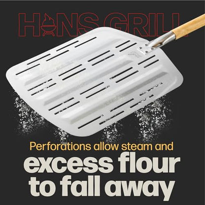 Hans Grill Pizza Peel PRO | Made for XL Pizza 12 inch + | Professional Restaurant Grade Perforated Metal Non-Stick Paddle for launching, turning and retrieving pizzas (Peel Pro) (Grey)