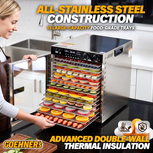 Food Dehydrator for Jerky 15 Trays, 1100W Meat Dehydrator Machine Up to 194°F with 5 Presets & 48H Timer, Food Dryer for Dog Treats, Herbs, Fruit and Veggies