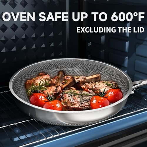 LOLYKITCH 12 In Nonstick Frying Pan Skillet with Lid, Ceramic Coating, Tri-ply Stainless Steel, Induction Compatible, PFOA-free, Oven Safe to 600°F, Dishwasher-safe, Detachable Handle