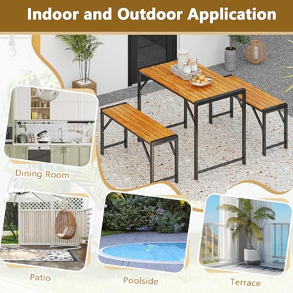 Tangkula 3-Pieces Patio Dining Set for 4 People, Outdoor Picnic Table & 2 Benches, 44" Acacia Wood Dining Table w/Metal Frame, Space-Saving Dinette Set for Garden Porch Poolside Yard Balcony