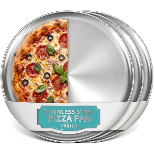 BSTUR Stainless Steel Pizza Pan 16 inch, Pizza Pan for Oven, Thick Round Pizza Tray Baking Sheet, Large Metal Pizza Pan, Dishwasher Safe, Easy Clean & Dishwasher Safe, Set of 3