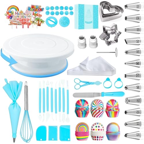 Cake Decorating Supplies Kit Tools 255pcs, Cake Decorating Set with Cake Turntable, 12 Numbered Icing Piping Tips, Cookie Cutters, Icing Smoother & Other Accessories for Cake Decoration (255, Blue)