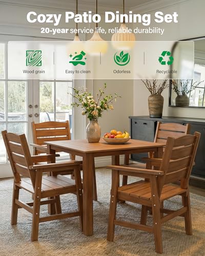 YEFU 5 Piece Square Patio Dining Set, Sturdy Aluminum Frame, HIPS, Teak