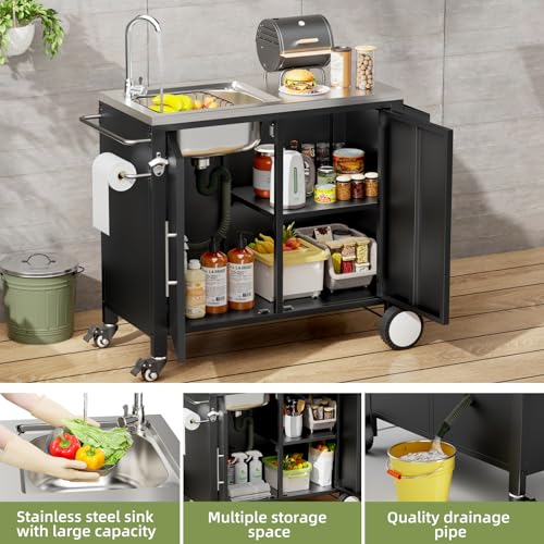 ahomrt Outdoor Grill Table with Sink, Grill Cart with 304 Stainless Steel Sink and Cabinet, Outdoor Grill Cart,Outdoor Cart Sink Station with Wheels, L38” x W18” x H35”