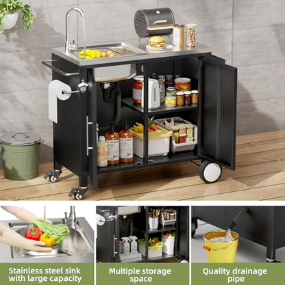 ahomrt Outdoor Grill Table with Sink, Grill Cart with 304 Stainless Steel Sink and Cabinet, Outdoor Grill Cart,Outdoor Cart Sink Station with Wheels, L38” x W18” x H35”